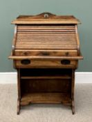 VINTAGE OAK ARTS & CRAFTS-STYLE TAMBOUR FRONT WRITING DESK, having a pierced top rail with shutter