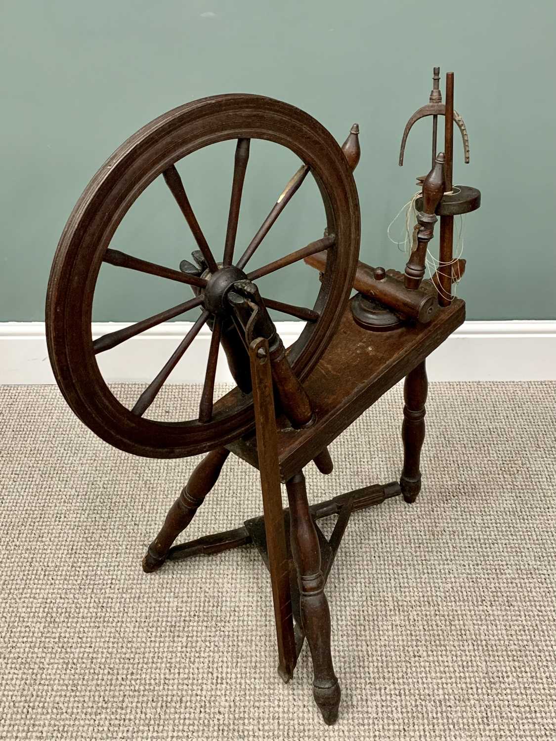 LATE 18TH CENTURY MIXED WOOD SPINNING WHEEL, 97cms overall H, 86cms W, 50cms max. D - Image 2 of 4