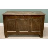 ANTIQUE OAK LIDDED COFFER, having a moulded edge three-plank top with interior candle box and secret