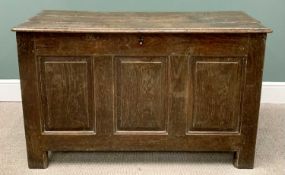 ANTIQUE OAK LIDDED COFFER, having a moulded edge three-plank top with interior candle box and secret