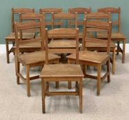 TEN VINTAGE OAK CHAPEL CHAIRS arched crest-rails and solid wood seats on square supports, 84cms H,