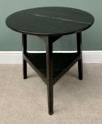 ANTIQUE STAINED & PAINTED PINE CRICKET TABLE, with lower conjoining shelf, 75cms H, 74cms top diam.