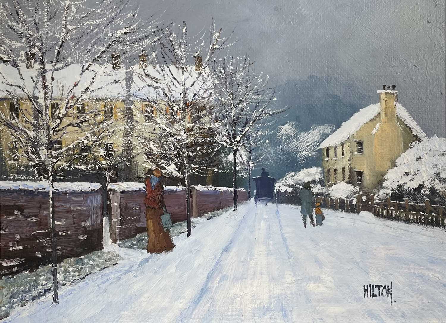 BARRY HILTON (b.1941) oil on canvas – winter street scene at dusk with figures, signed, 30 x