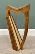MODERN 19-STRING KNEE HARP IN MIXED WOODS, with carved detail to the sides, 76cms H, 41cms W