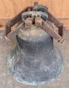 BRONZE CHAPEL BELL, believed 19th Century, twin hanging brackets, 62cms overall H (up), 45cms