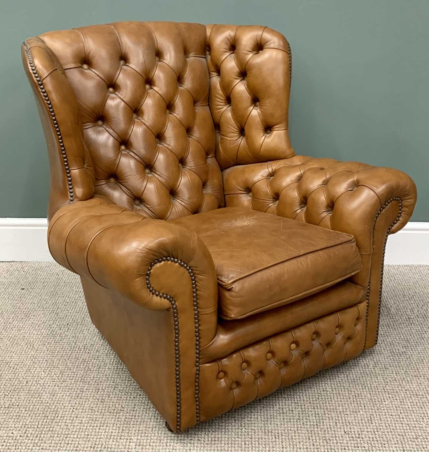 BUTTONED TAN LEATHER FOUR-PIECE WINGBACK SUITE comprising three-seater settee, 92cms H, 192cms W, - Image 10 of 11