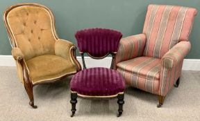 THREE ANTIQUE UPHOLSTERED CHAIRS the first re-upholstered in watermarked classical stripe fabric