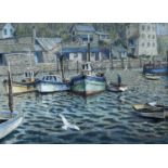 ROY STRINGFELLOW (1921-2008) pastel – Cornish / Cornwall fishing harbour with figures and gulls,