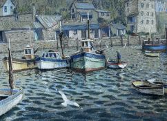 ROY STRINGFELLOW (1921-2008) pastel – Cornish / Cornwall fishing harbour with figures and gulls,