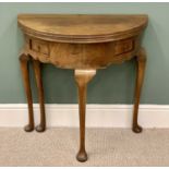WALNUT HALF-MOON FOLD OVER TEA / HALL TABLE, with twin frieze drawers and shaped apron on Queen Anne