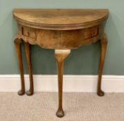 WALNUT HALF-MOON FOLD OVER TEA / HALL TABLE, with twin frieze drawers and shaped apron on Queen Anne