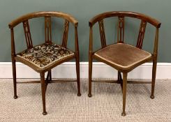 A PAIR OF MAHOGANY TUB-TYPE CORNER CHAIRS, circa 1900, having curved backs and pierced splats, on