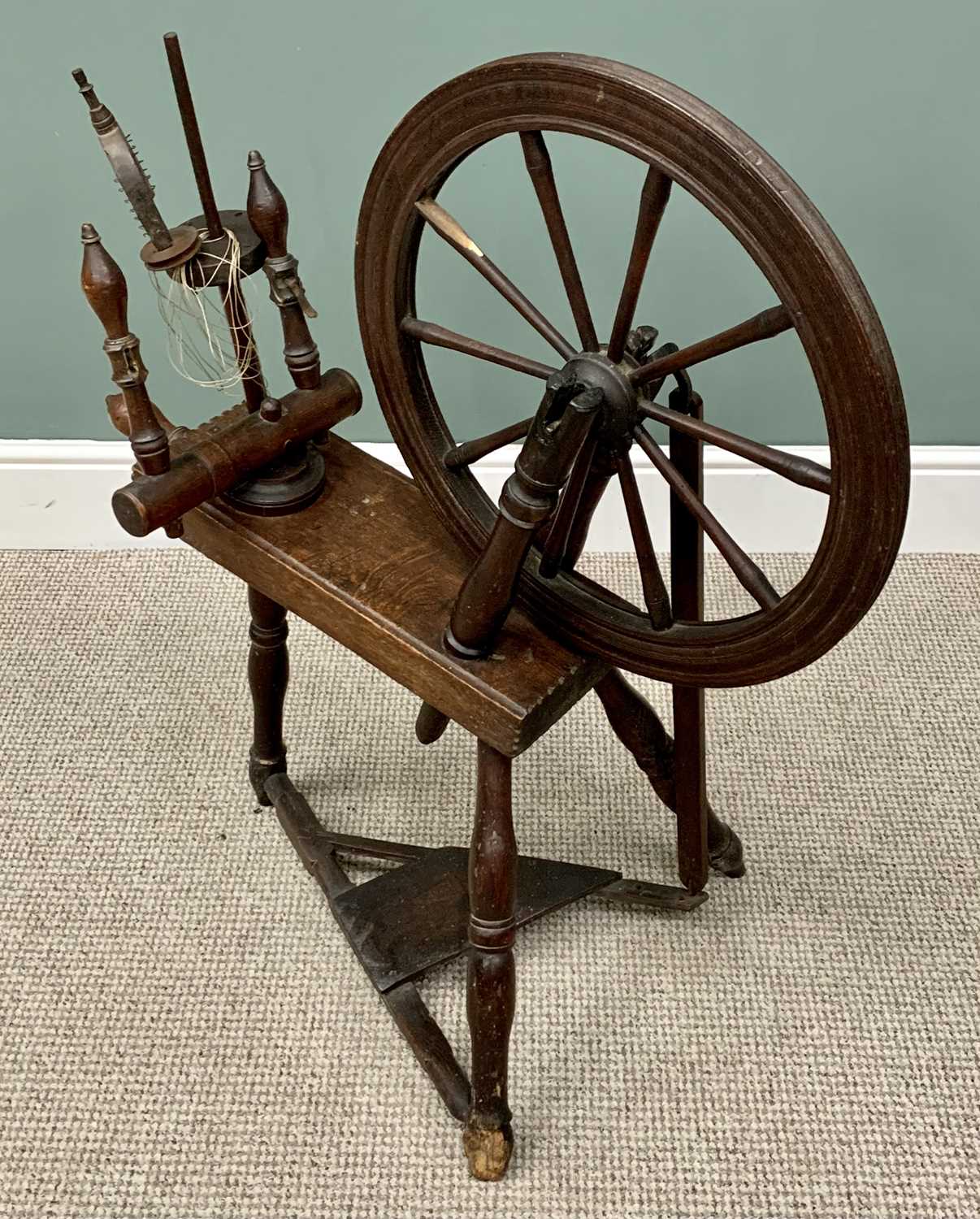 LATE 18TH CENTURY MIXED WOOD SPINNING WHEEL, 97cms overall H, 86cms W, 50cms max. D - Image 3 of 4