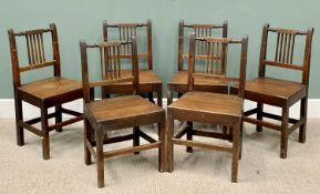 MATCHING SET OF SIX OAK CHAIRS, circa 1820, with turned and block crest rail over square spindle