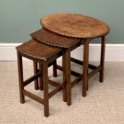VINTAGE BURR WALNUT NEST OF THREE TABLES, with pie crust edging, on square supports, 50cms H,