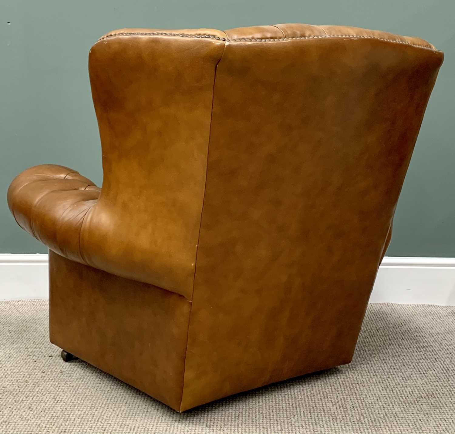 BUTTONED TAN LEATHER FOUR-PIECE WINGBACK SUITE comprising three-seater settee, 92cms H, 192cms W, - Image 9 of 11
