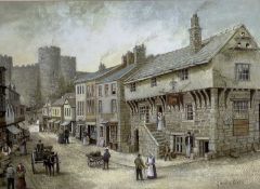 GORDON CLOSE colour print – nostalgic view of Conwy, entitled ‘Market Day, 1800’, 27 x 37cms, framed