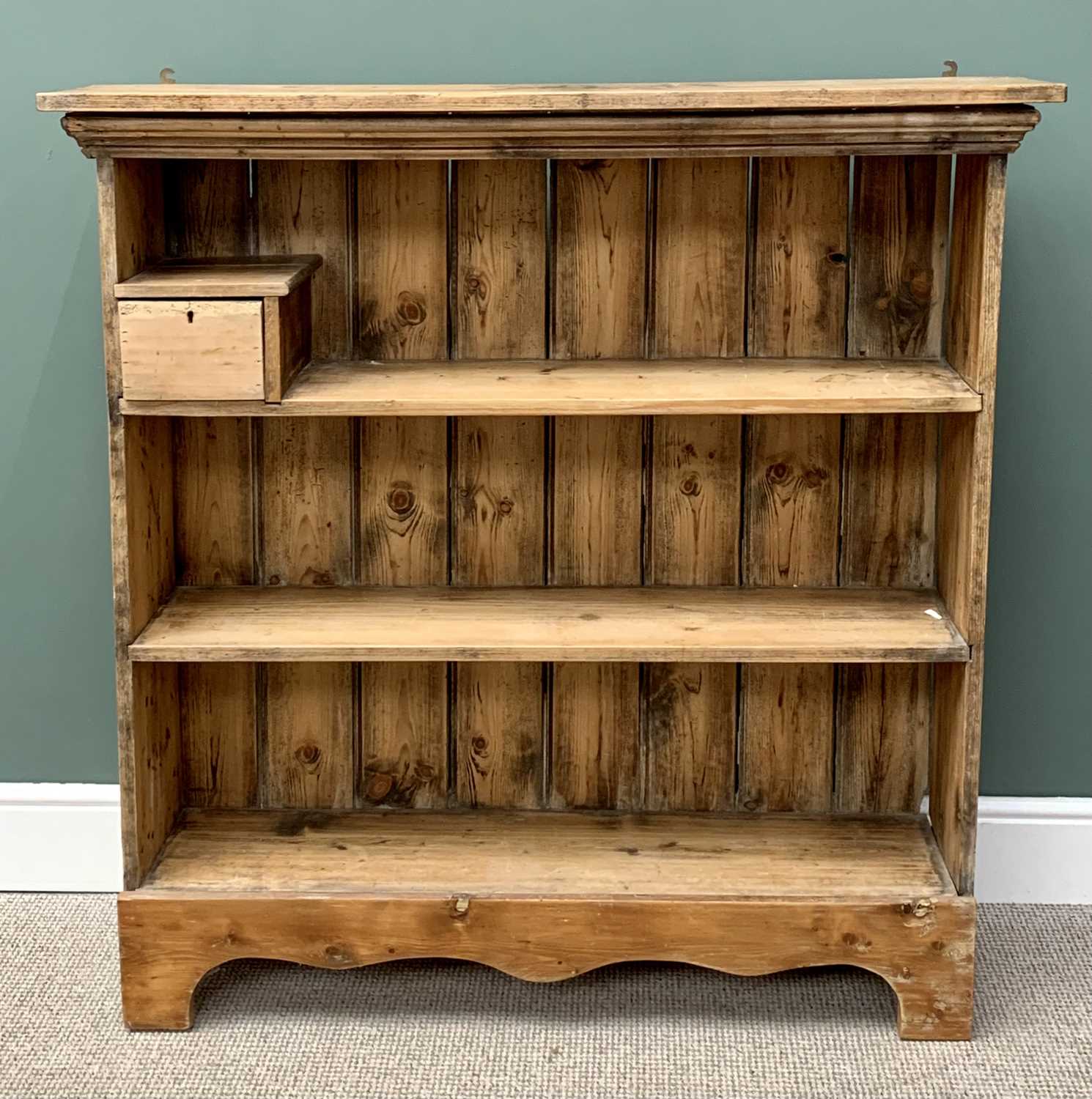 VINTAGE STRIPPED PINE BOOKCASE, with upper shelf single drawer box and shaped front apron, 125cms H, - Image 2 of 4
