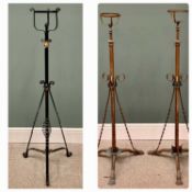 THREE VINTAGE COPPER & WROUGHT IRON ADJUSTABLE OIL FONT LAMP STANDS, including a matching copper