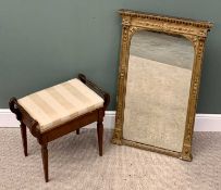 VICTORIAN GILT FRAMED WALL MIRROR & A BOXWOOD STRUNG MAHOGANY PIANO STOOL, the mirror top with egg-