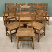 TEN VINTAGE OAK CHAPEL CHAIRS arched crest-rails and solid wood seats on square supports, 84cms H,