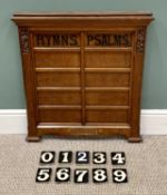VINTAGE OAK ECCLESIASTICAL HYMNS / PSALMS BOARD, with carved front detail and a quantity of 0-9