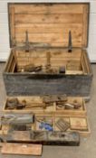 VINTAGE PINE TOOLBOX & CONTENTS, including plough, block and other woodworking planes, gauges ETC,