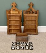 TWO VINTAGE OAK HYMN BOARDS, and a lidded box containing a quantity of 0-9 number cards, 82cms H,