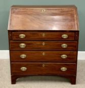 GEORGIAN CROSSBANDED MAHOGANY FALL FRONT BUREAU, the interior with baize writing surface and an