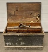 LARGE VINTAGE WOODWORKERS TOOL CHEST & CONTENTS, to include various drill braces and bits,