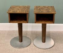 RETRO-STYLE BEDSIDE TABLES, figured wood effect top pods on turned wooden columns and circular metal