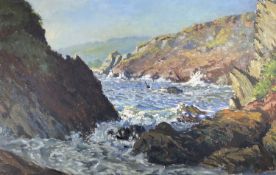 ROY STRINGFELLOW (1921-2008) oil on board – rocky Cornwall coastal inlet with waves and gull,