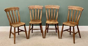 SET OF FOUR VINTAGE FARMHOUSE CHAIRS, having slightly curved backs with turned and slatted uprights,