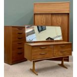 MID-CENTURY TEAK THREE-PIECE BEDROOM SUITE, Austin label to the wardrobe, comprising sliding two-