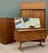 MID-CENTURY TEAK THREE-PIECE BEDROOM SUITE, Austin label to the wardrobe, comprising sliding two-