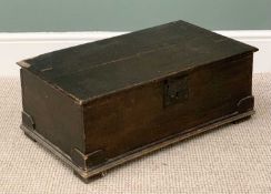 OAK BIBLE BOX circa 1800, having a twin plank top with cleated ends, iron strap hinges and clip