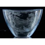 FRENCH PALE BLUE STUDIO GLASS BOWL, of oval form, etched decoration to the interior and exterior,