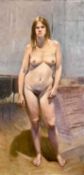 UNATTRIBUTED- oil on canvas - full length female nude, unsigned, 91 x 45.5cms (unframed)