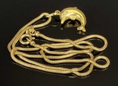 18CT GOLD LEAPING DOLPHIN PENDANT ON 9CT GOLD SNAKELINK NECKLACE, 2.5cms (including loop) the