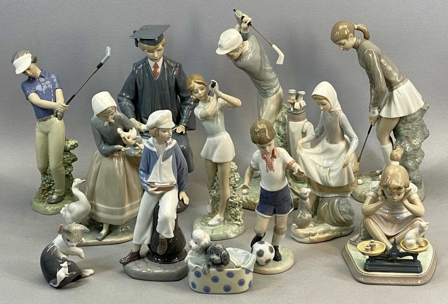 VARIOUS LLADRO / NAO FIGURES x 12, including golfers, figures with animals ETC, 4 x with boxes,