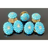 VICTORIAN GENTLEMAN'S FIVE-PIECE CUFFLINKS / STUD BUTTONS SET, turquoise with central diamond