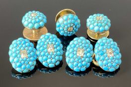 VICTORIAN GENTLEMAN'S FIVE-PIECE CUFFLINKS / STUD BUTTONS SET, turquoise with central diamond