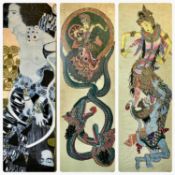 INDONESIAN COLOUR PRINTS x 4, depicting Balinese dancers and characters in cultural scenes, each