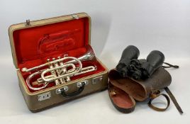 LARK CHINESE CORNET M4046, 37cms L, in case, and Ross London 13x60 binoculars in leather case