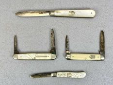 TWO SILVER BLADED FRUIT KNIVES & TWO VINTAGE POCKET KNIVES, 3 x having mother-of-pearl covers, the