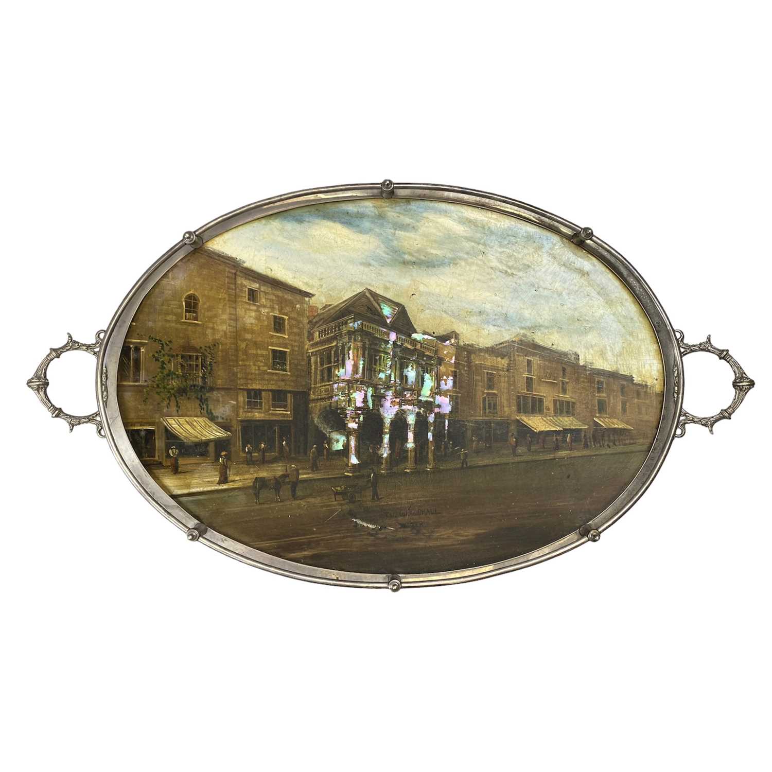 OVAL EPNS TWO-HANDLED TEA TRAY with tubular gallery rim, painted to the centre with a view of