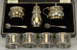BIRMINGHAM HALLMARKED SMALL TABLE SILVER, to include a cased three-piece condiment set with non-