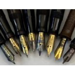 FOUNTAIN PENS, A COLLECTION - 3 x Parker Duofold, 2 x brown, 1 x black, caps with gold coloured