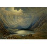 19TH CENTURY BRITISH SCHOOL watercolour - extensive mountainous lake landscape with white birds in