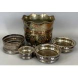 VINTAGE SHEFFIELD PLATE STYLE WINE COOLER & FOUR VARIOUS WINE BOTTLE COASTERS, all having wooden